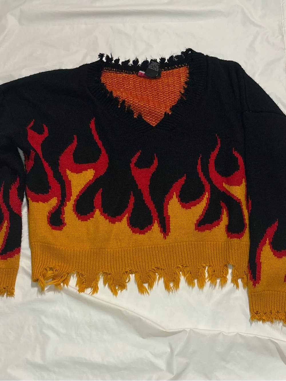 Women's Distressed Flame V-Neck Sweater in Black, Red & Gold